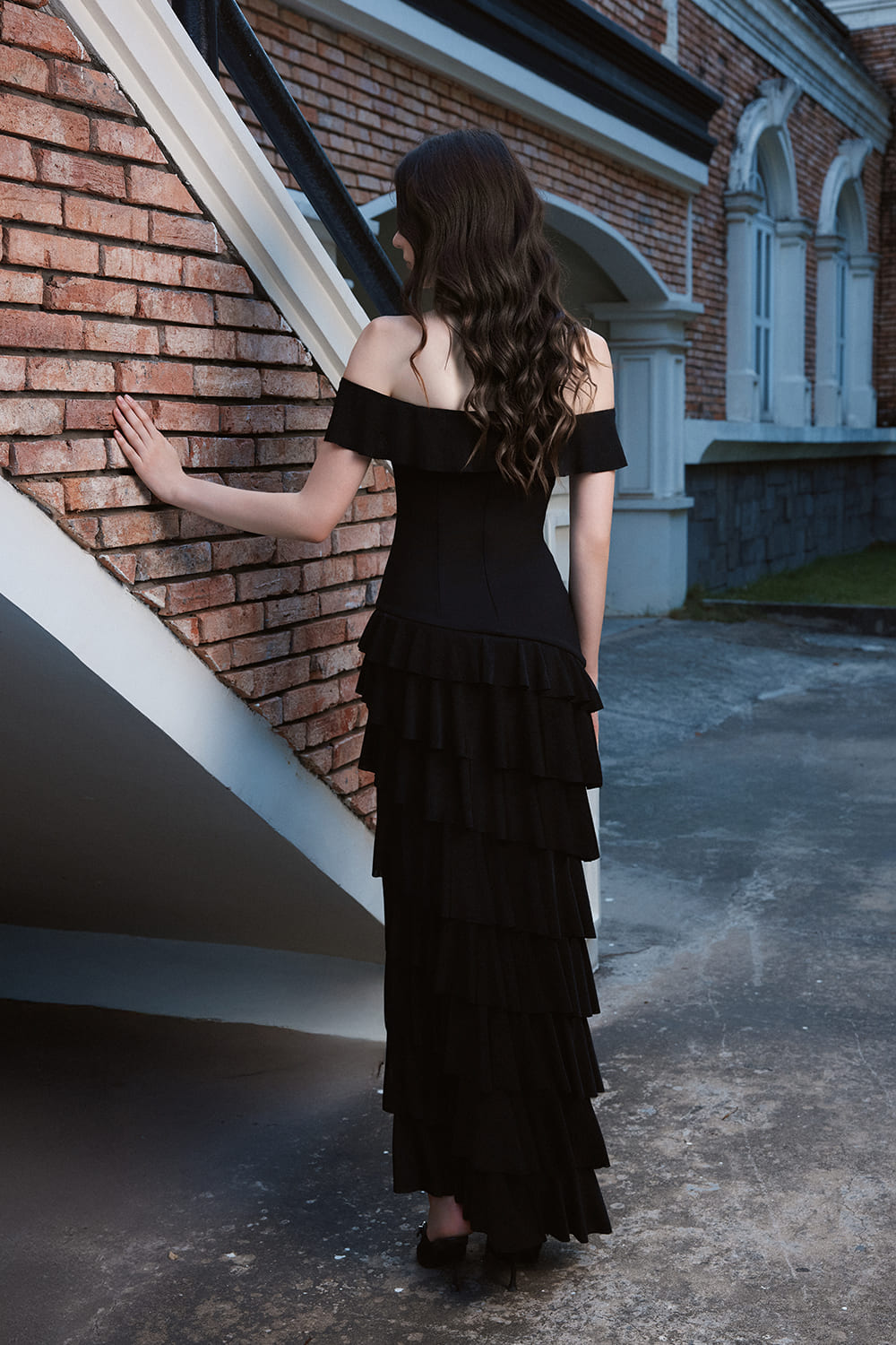 Queen Asymmetric Ruffle Layer Cotton Spandex Maxi Dress