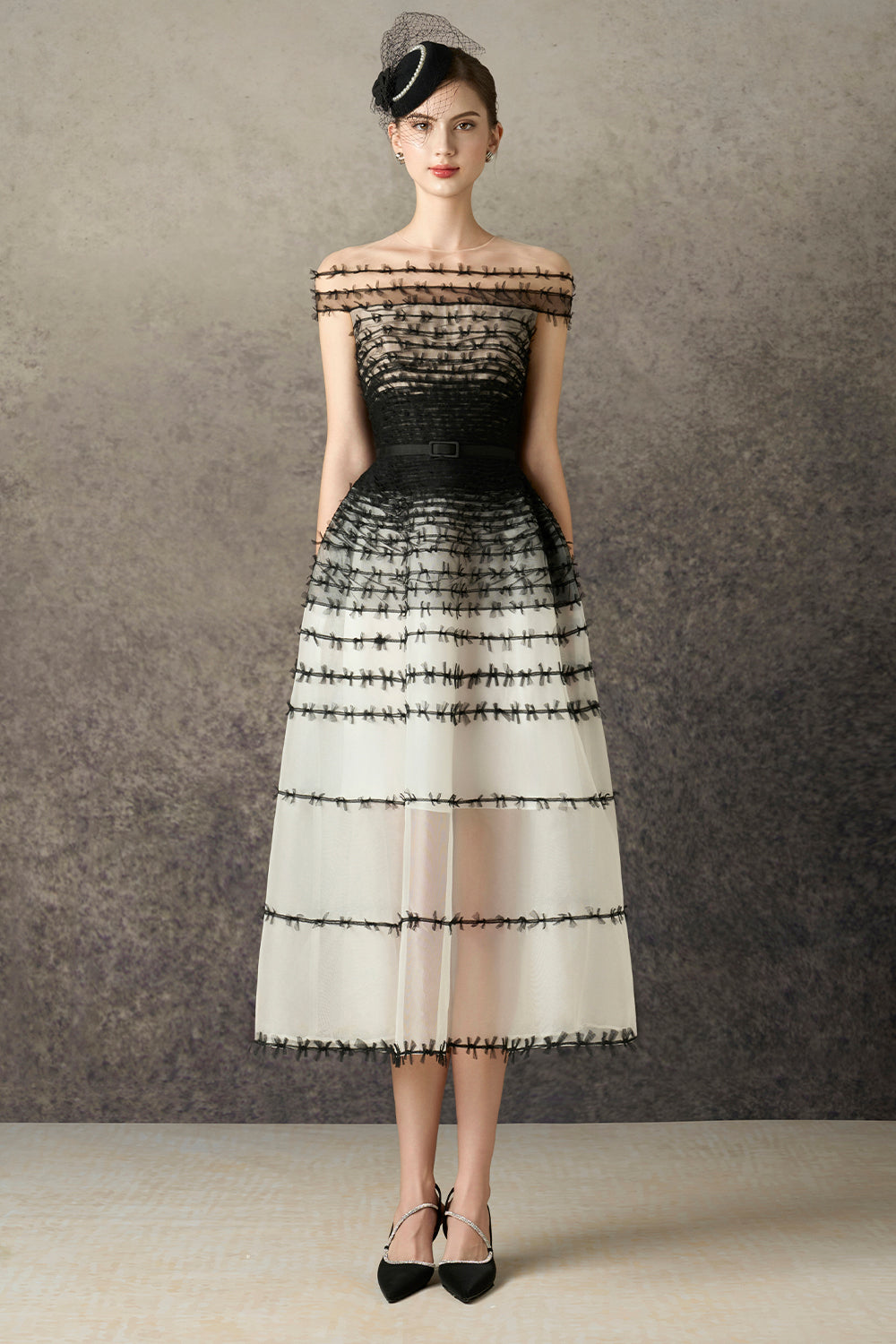 Noelis A-line Illusion Neck Mesh Lace Midi Dress