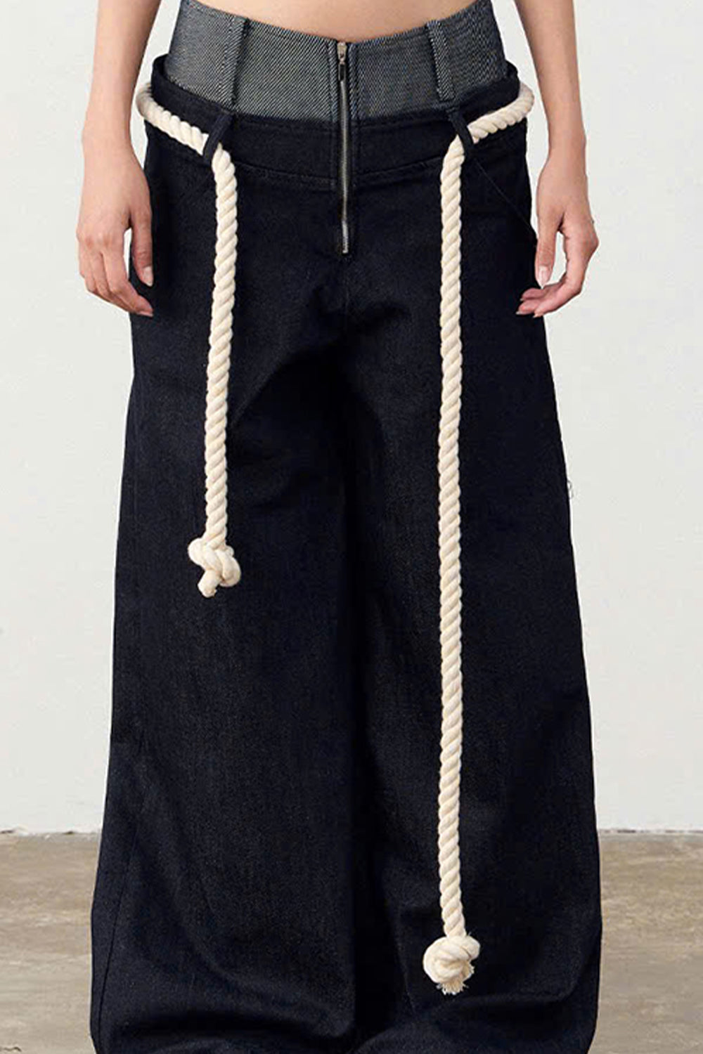 Senna Drop Waist Front Zipper Denim Floor Length Pants