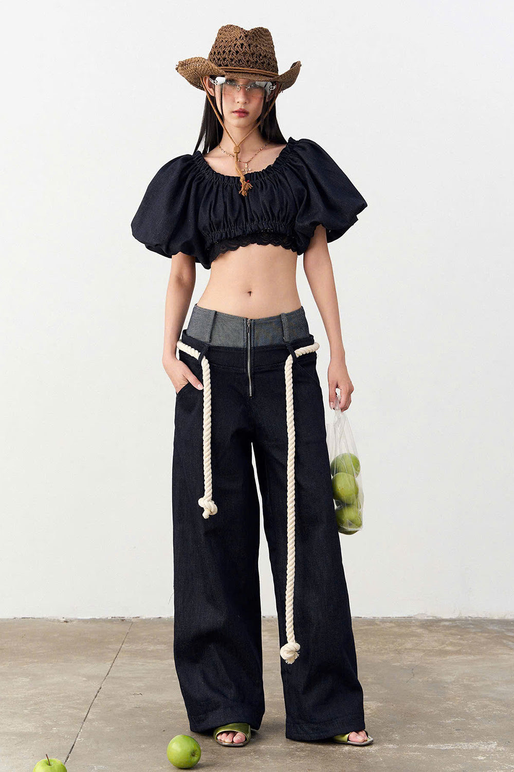 Senna Drop Waist Front Zipper Denim Floor Length Pants