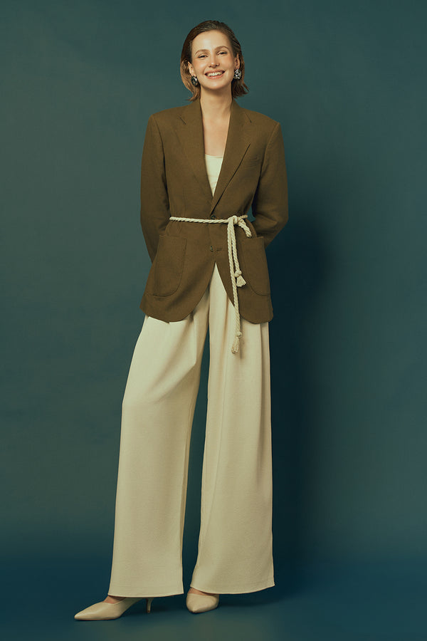 Wood Straight Notch Lapel Linen Rayon Blazer