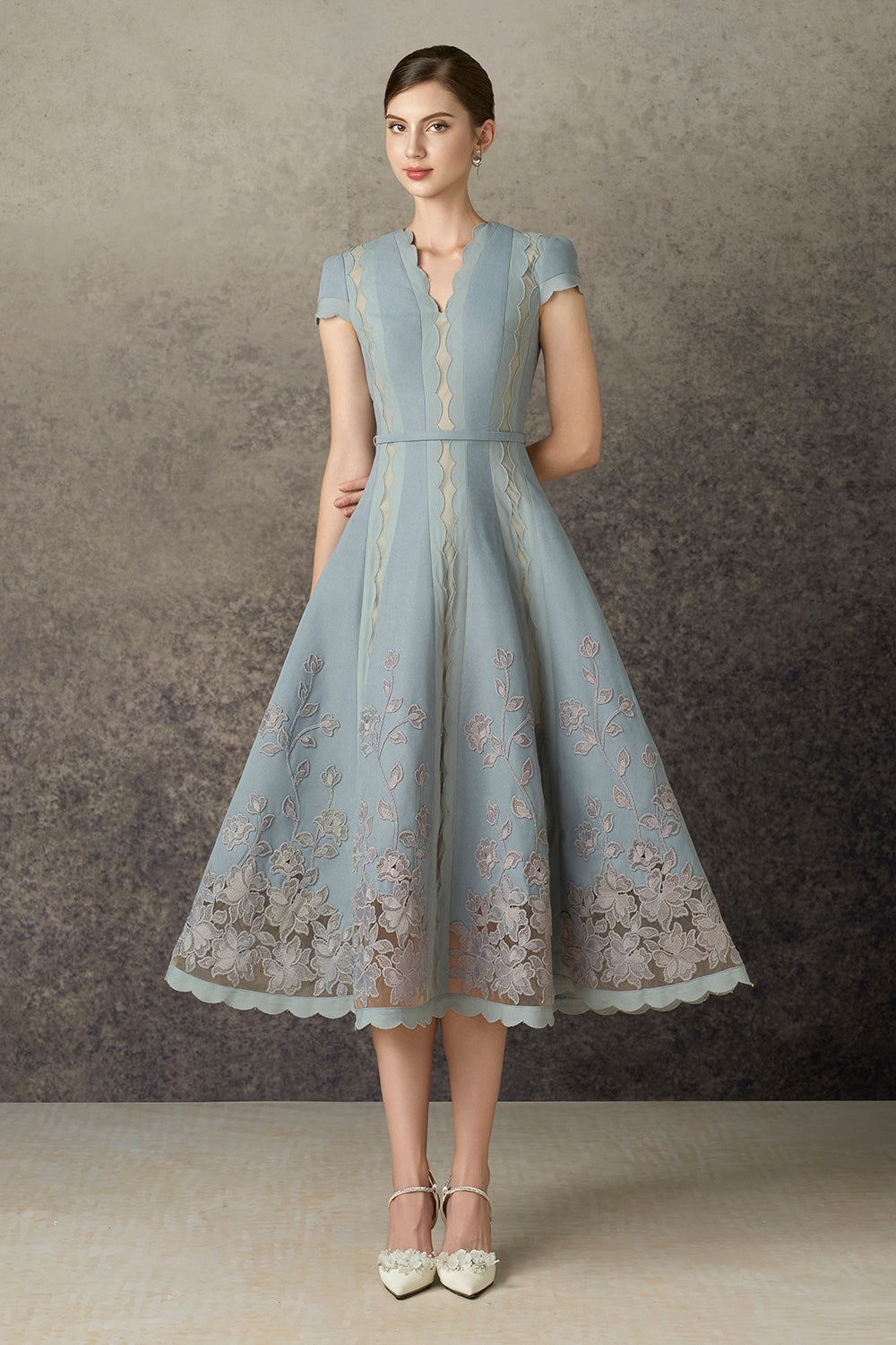 Zephara A-line V-Neck Tweed Midi Dress