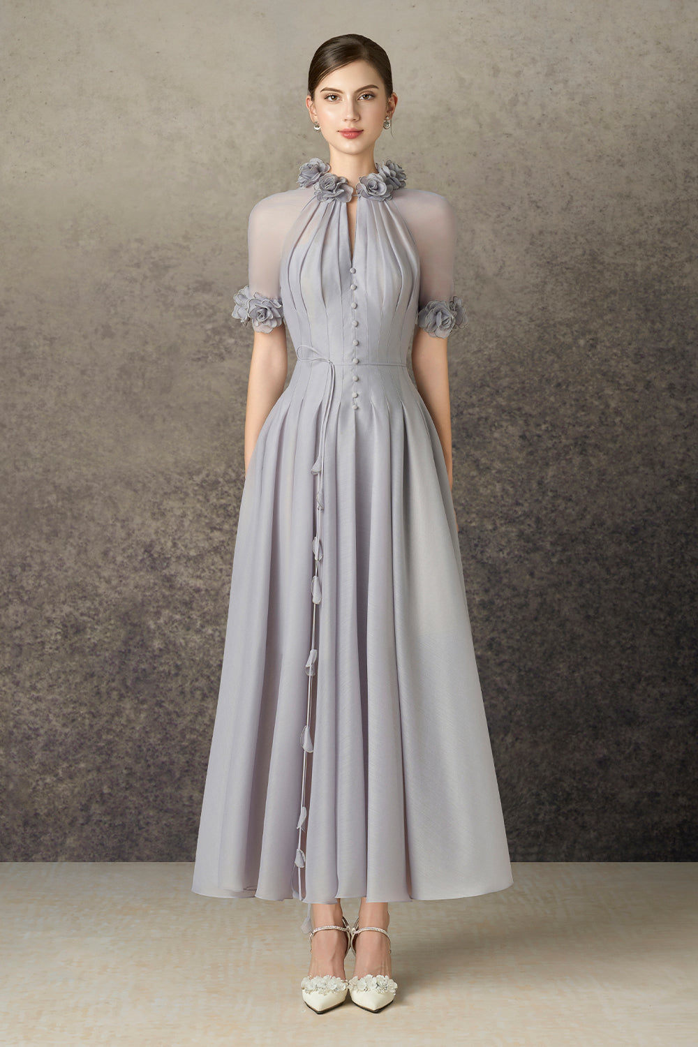 Faylen A-line Waist Pleated Silk Blend Calf Length Dress