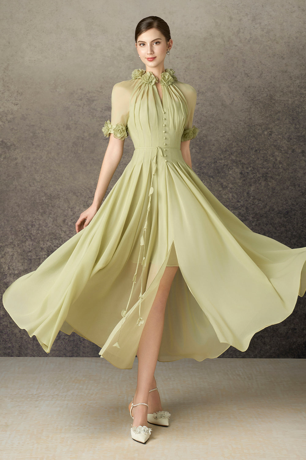 pleated silk dress Women's Virelle A-line Waist Pleated Silk Blend Ankle Length Dress S/M/L/Customize Sage Green MEAN BLVD Sage Green / Customize