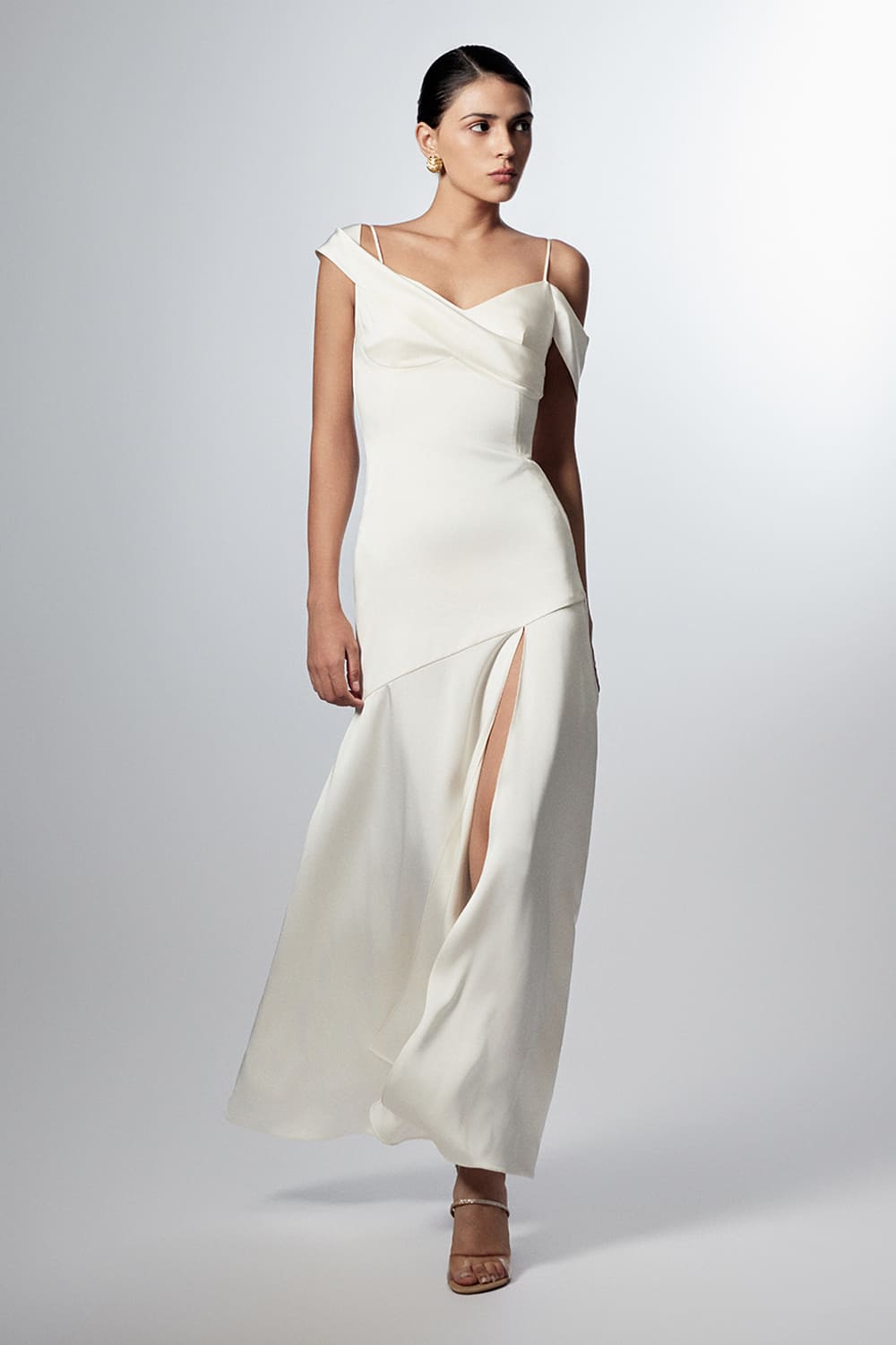 Women's Carmen Drop Waist Cold Shoulder Sleeved Silk Blend Maxi Dress S/M/L/XL/Customize Ivory MEAN BLVD Ivory / M Women's Carmen Drop Waist Cold Shoulder Sleeved Silk Blend Maxi Dress S/M/L/XL/Customize Ivory MEAN BLVD Ivory / M