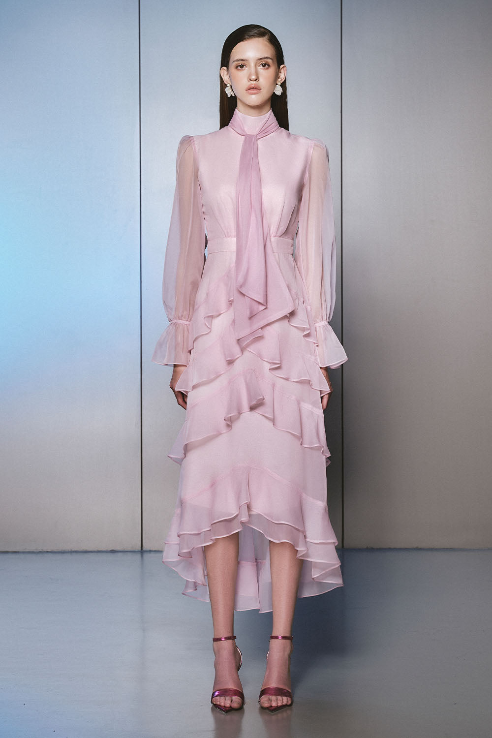 Lavel Layered Tie Neck Organza Midi Dress