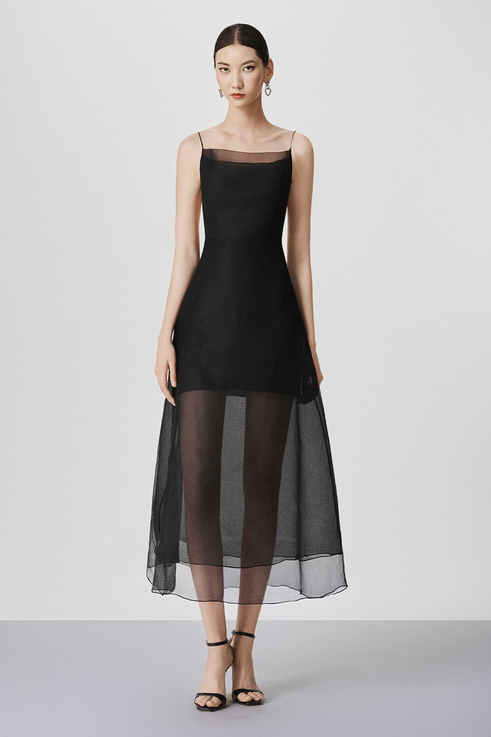 Roselyn A-line Sheer Organza Calf Length Dress Black / M