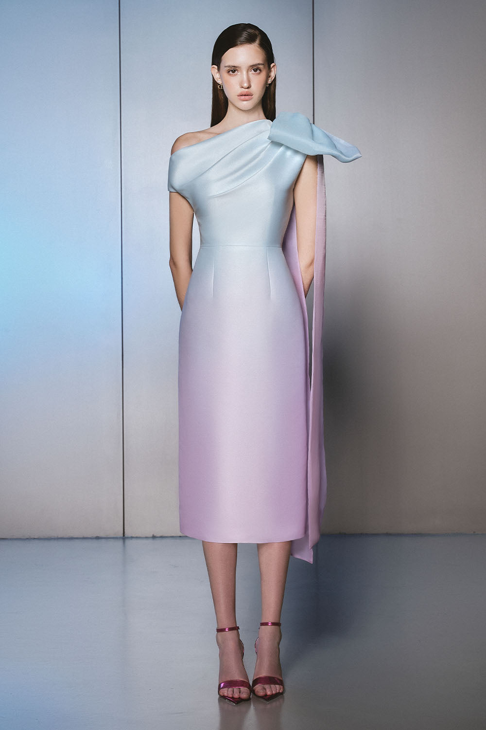 Starfish Sheath Asymmetric Shoulder Taffeta Midi Dress