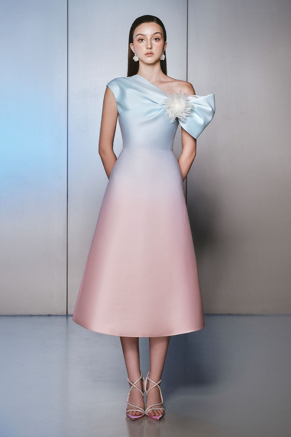 Rawis A-line Asymmetric Neck Taffeta Midi Dress
