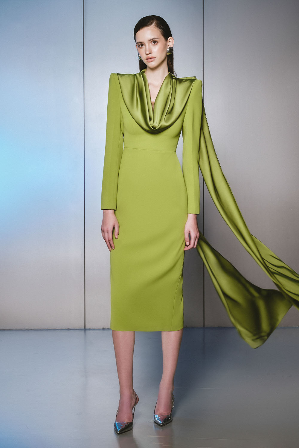 Front Pencil Scarf Neck Cotton Silk Midi Dress