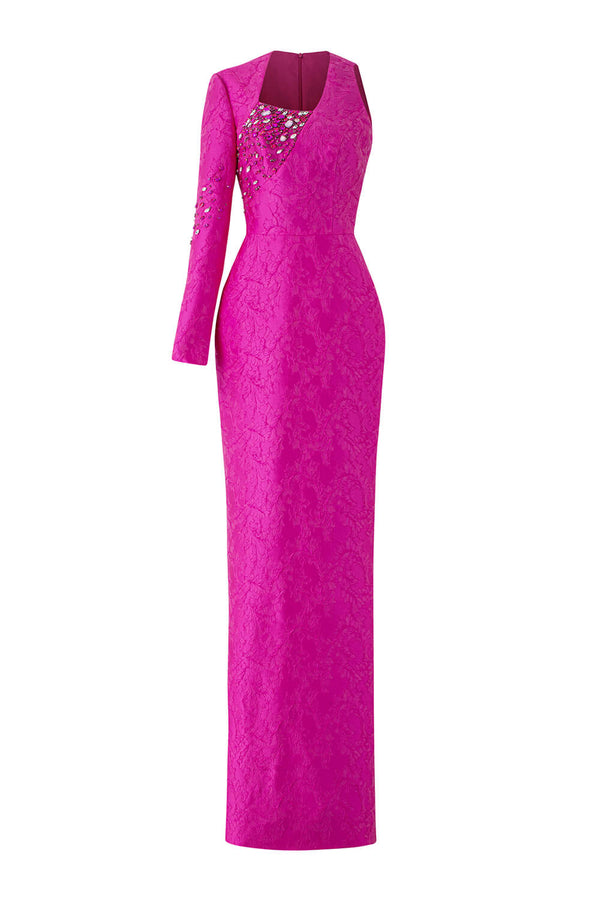 Elysian Sheath Asymmetric Sleeved Jacquard Floor Length Dress