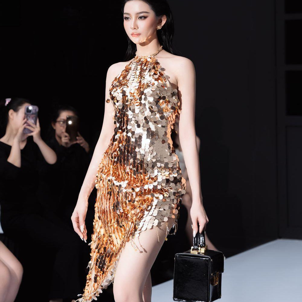 Guilty Asymmetric Halter Neck Sequin Knee-length Dress - MEAN BLVD