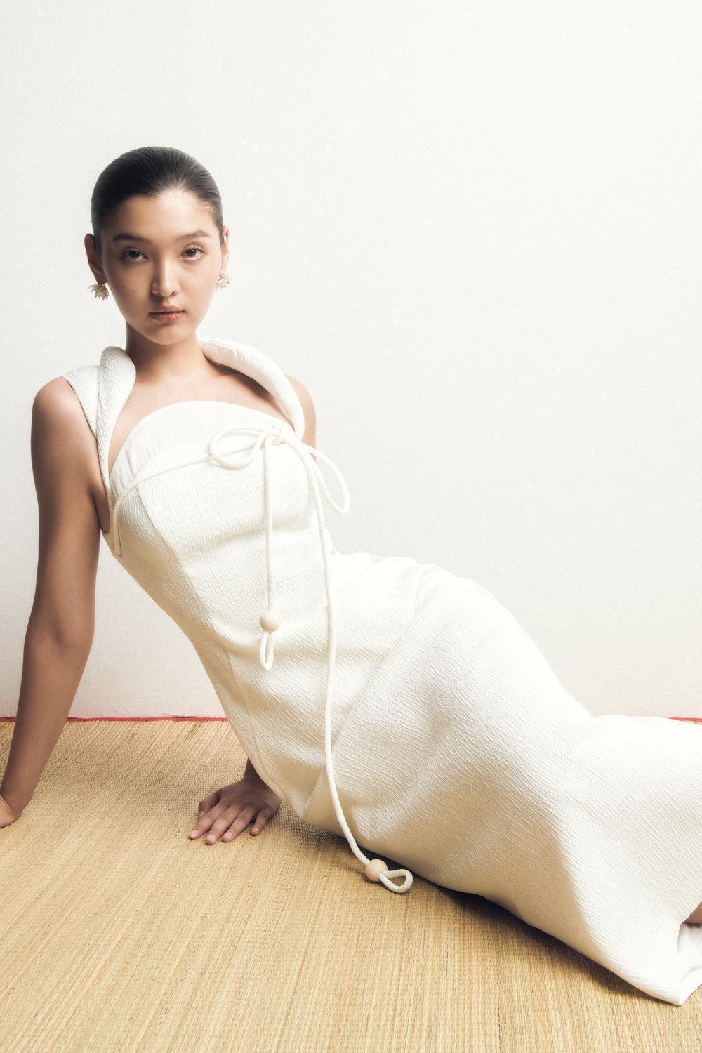 Ha Van A-line Queen Anne Neck Ribbed Cotton Midi Dress - MEAN BLVD