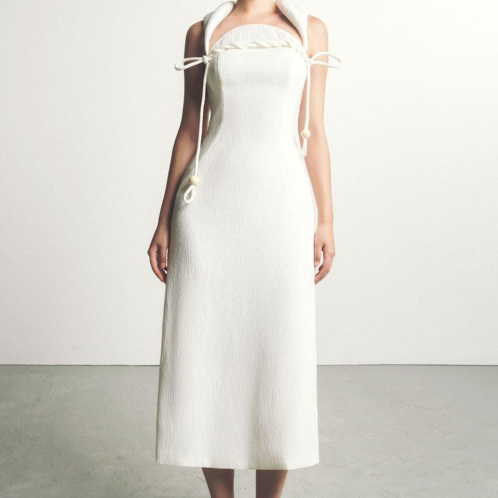 Ha Van A-line Queen Anne Neck Ribbed Cotton Midi Dress - MEAN BLVD