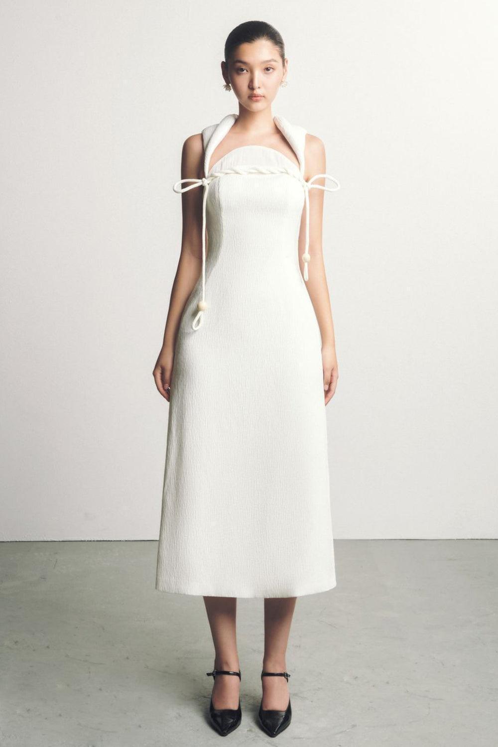 Ha Van A-line Queen Anne Neck Ribbed Cotton Midi Dress - MEAN BLVD