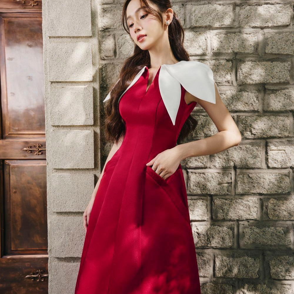 Hadid A-line V-Neck Silk Satin Midi Dress - MEAN BLVD