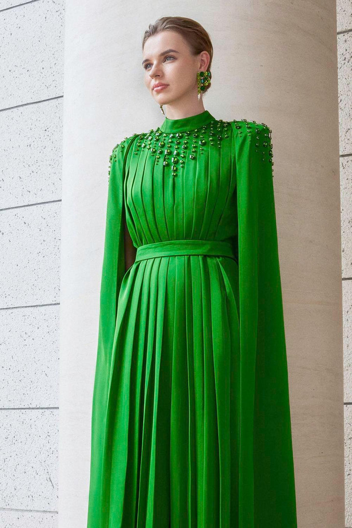 Halcyon Cape Pleated Silk Floor Length Dress - MEAN BLVD
