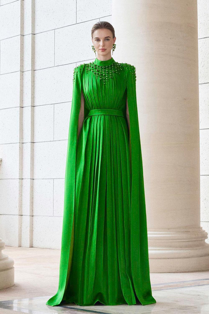 Halcyon Cape Pleated Silk Floor Length Dress - MEAN BLVD