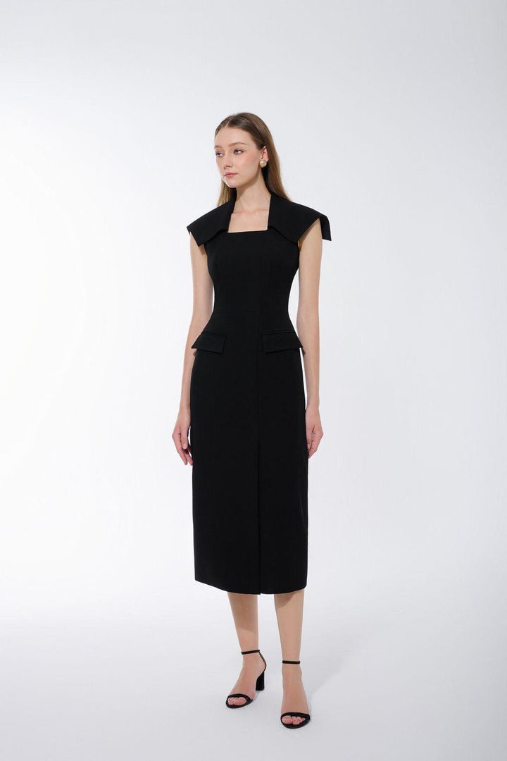 Hannah Pencil Cape Shoulder Twill Midi Dress - MEAN BLVD