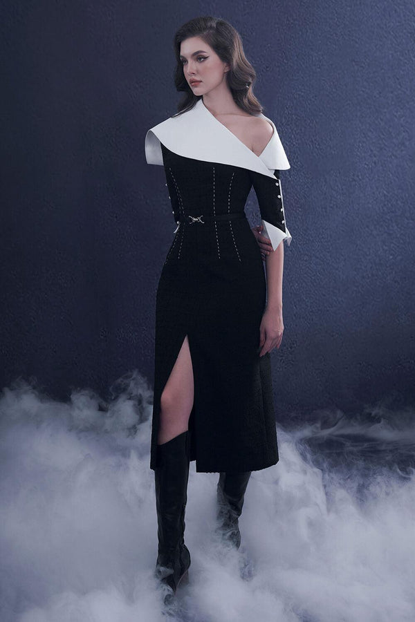 Harmona Slit Asymmetric Neck Tweed Midi Dress - MEAN BLVD