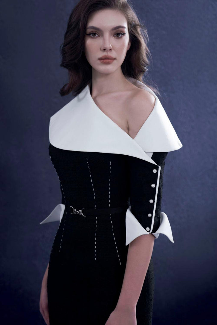 Harmona Slit Asymmetric Neck Tweed Midi Dress - MEAN BLVD