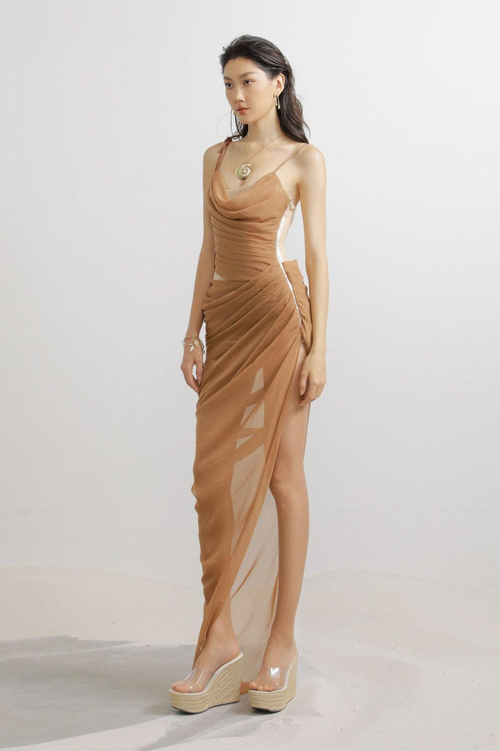 Harrell Asymmetric Pleated Mesh Spandex Floor Length Dress - MEAN BLVD