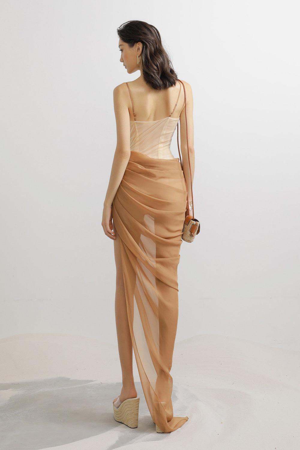 Harrell Asymmetric Pleated Mesh Spandex Floor Length Dress - MEAN BLVD