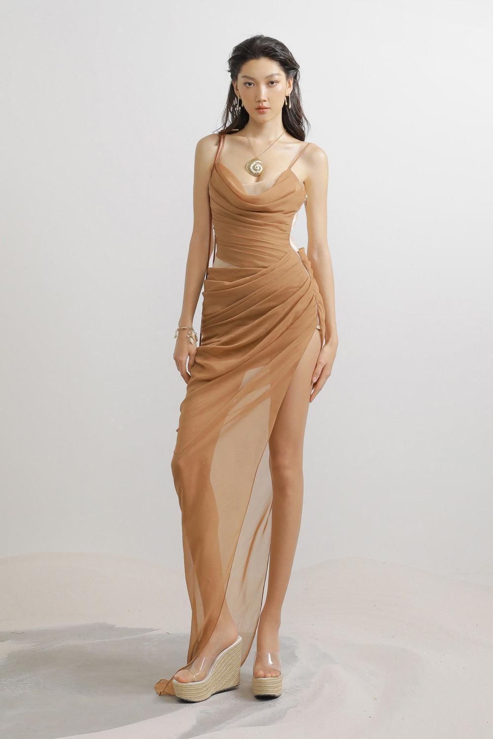 Harrell Asymmetric Pleated Mesh Spandex Floor Length Dress - MEAN BLVD