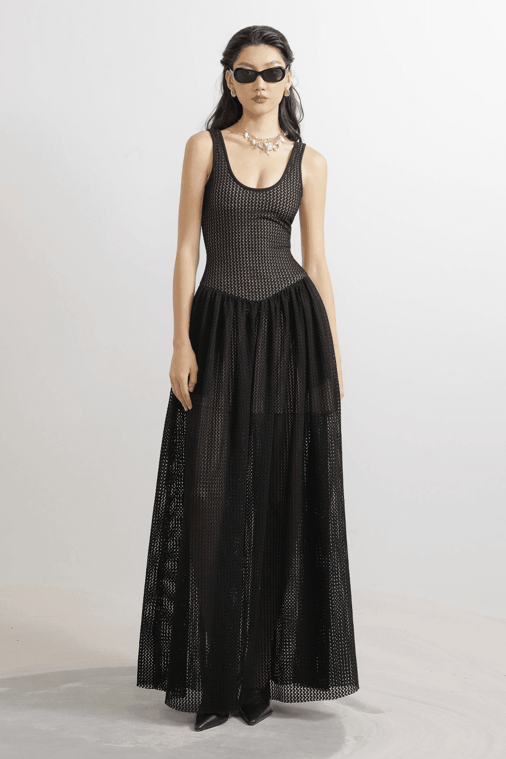Hartman A-line Scoop Neck Mesh Lace Floor Length Dress - MEAN BLVD