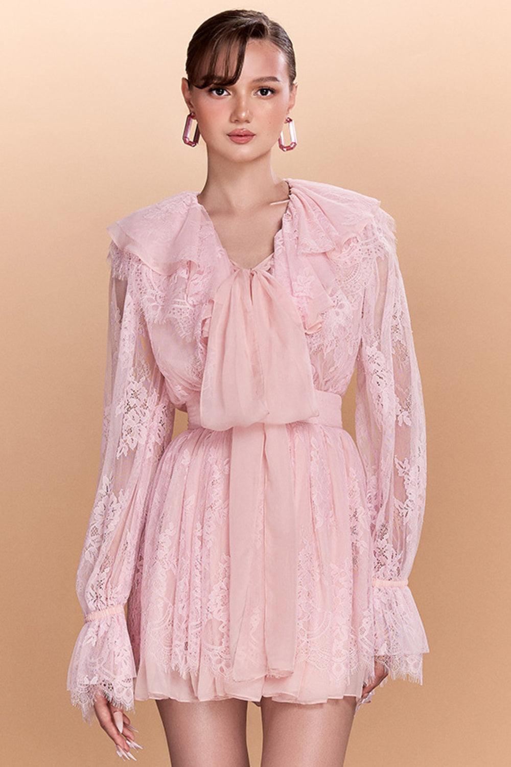 Hattie Gathered Poet Sleeved Lace Mini Dress - MEAN BLVD