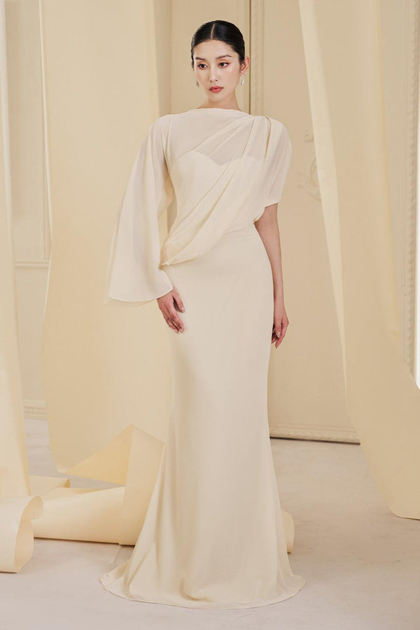 Hattie Sheath Asymmetric Sleeved Chiffon Floor Length Dress - MEAN BLVD