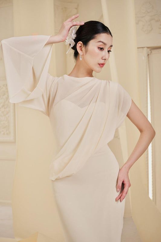 Hattie Sheath Asymmetric Sleeved Chiffon Floor Length Dress - MEAN BLVD