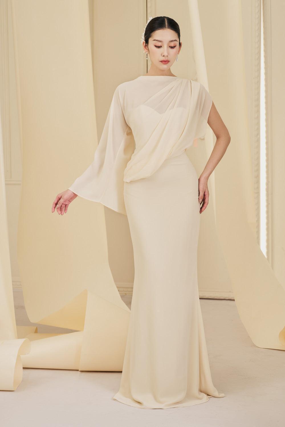 Women's Hattie Sheath Asymmetric Sleeved Chiffon Floor Length Dress S/M/L Cream Beige MEAN BLVD Cream Beige / L Women's Hattie Sheath Asymmetric Sleeved Chiffon Floor Length Dress S/M/L Cream Beige MEAN BLVD Cream Beige / L