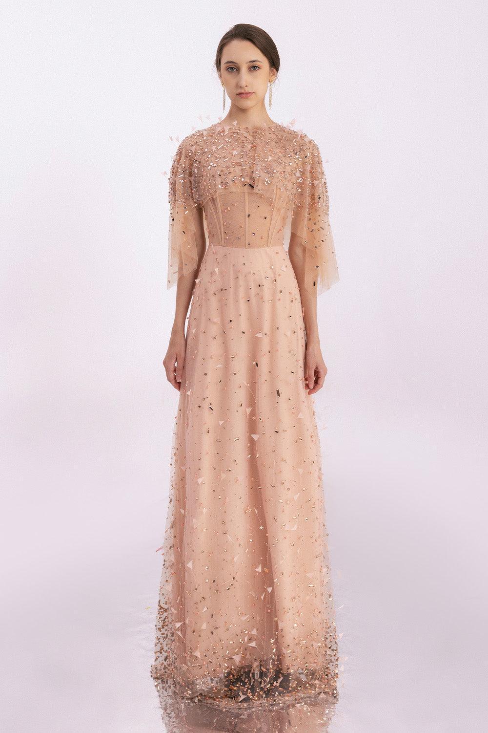 Hayes A-line Cape Sleeved Mesh Silk Floor Length Set - MEAN BLVD