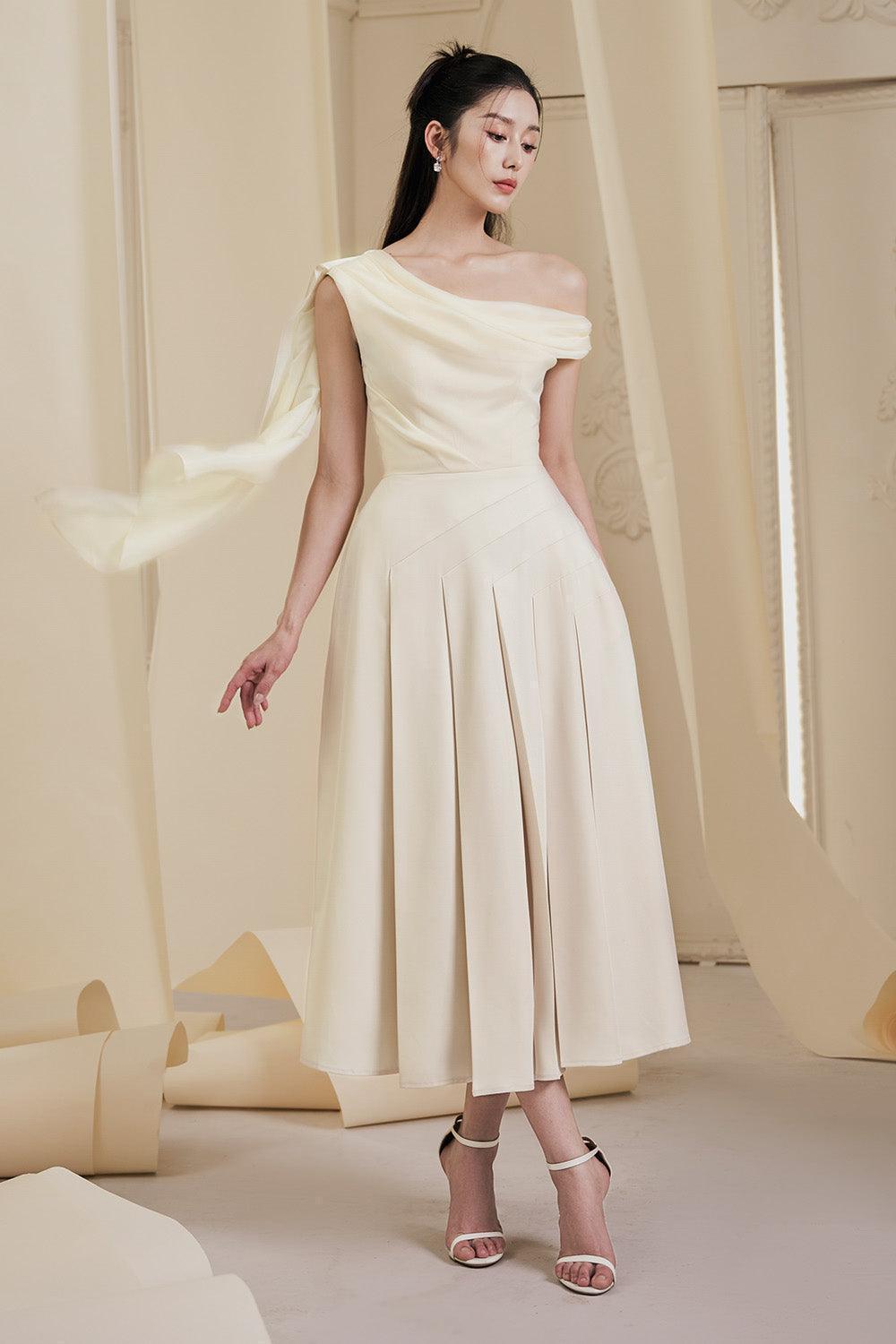 Hazel Pleated Asymmetric Sleeved Organza Voile Midi Dress - MEAN BLVD
