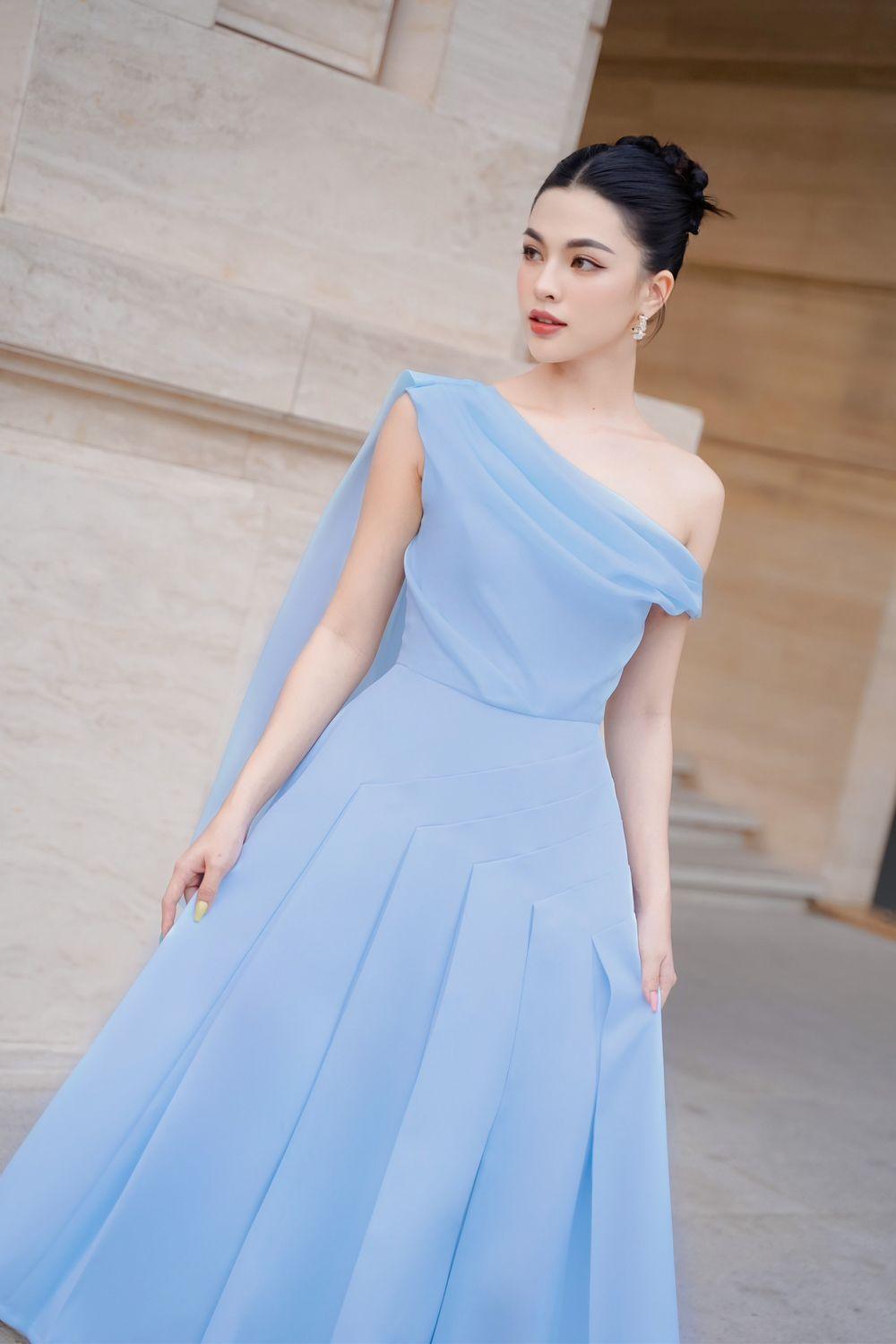 Hazel Pleated Asymmetric Sleeved Organza Voile Midi Dress | MEAN BLVD