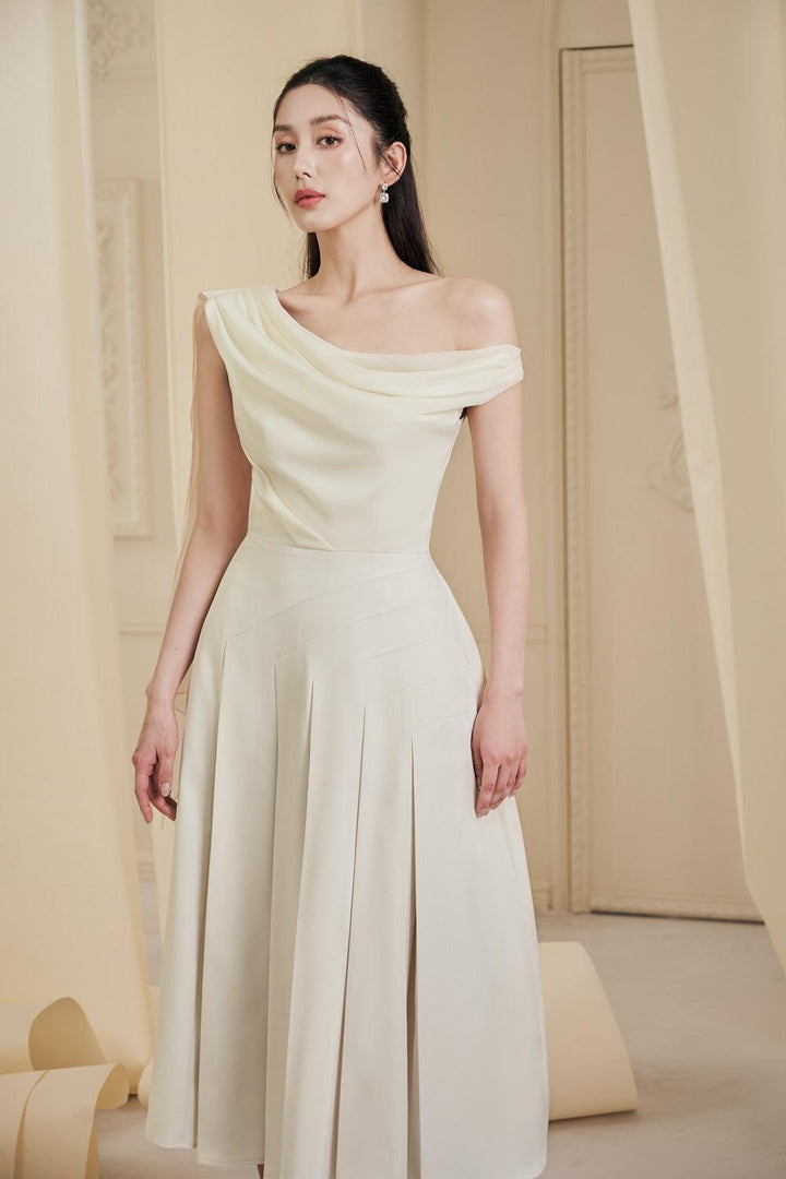 Hazel Pleated Asymmetric Sleeved Organza Voile Midi Dress - MEAN BLVD