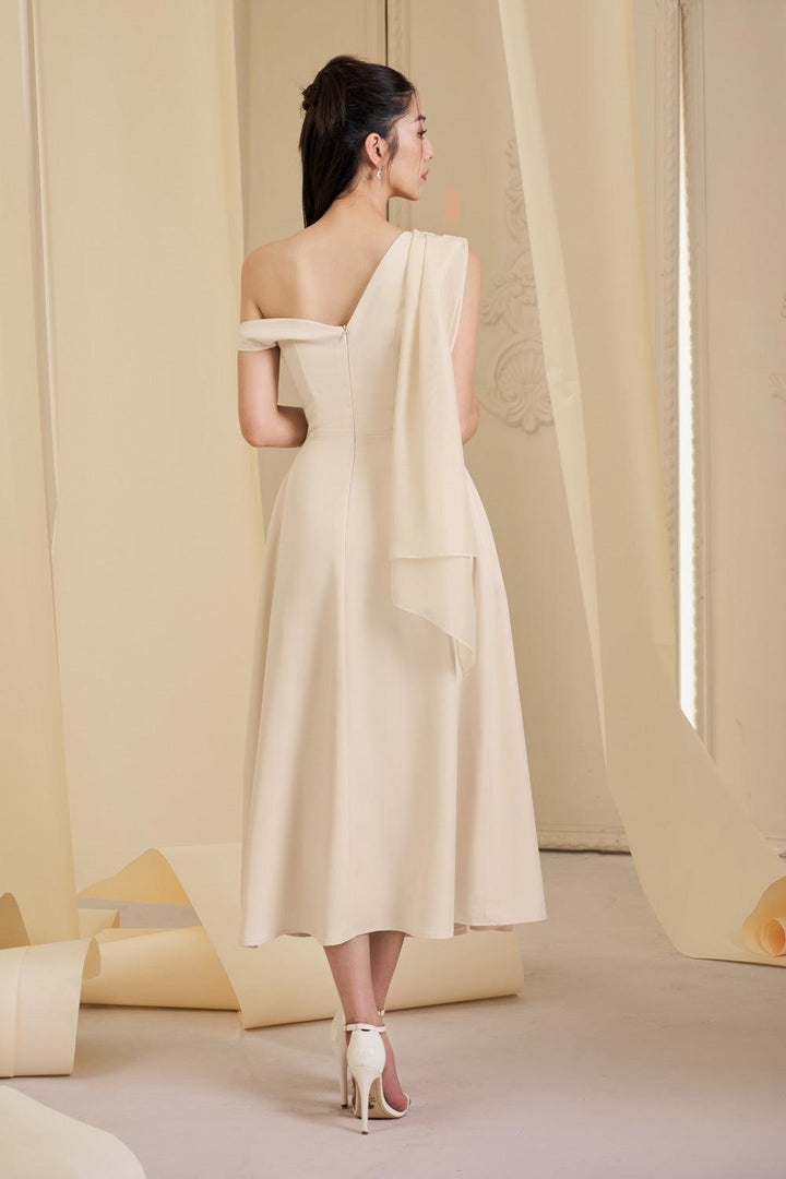Hazel Pleated Asymmetric Sleeved Organza Voile Midi Dress - MEAN BLVD