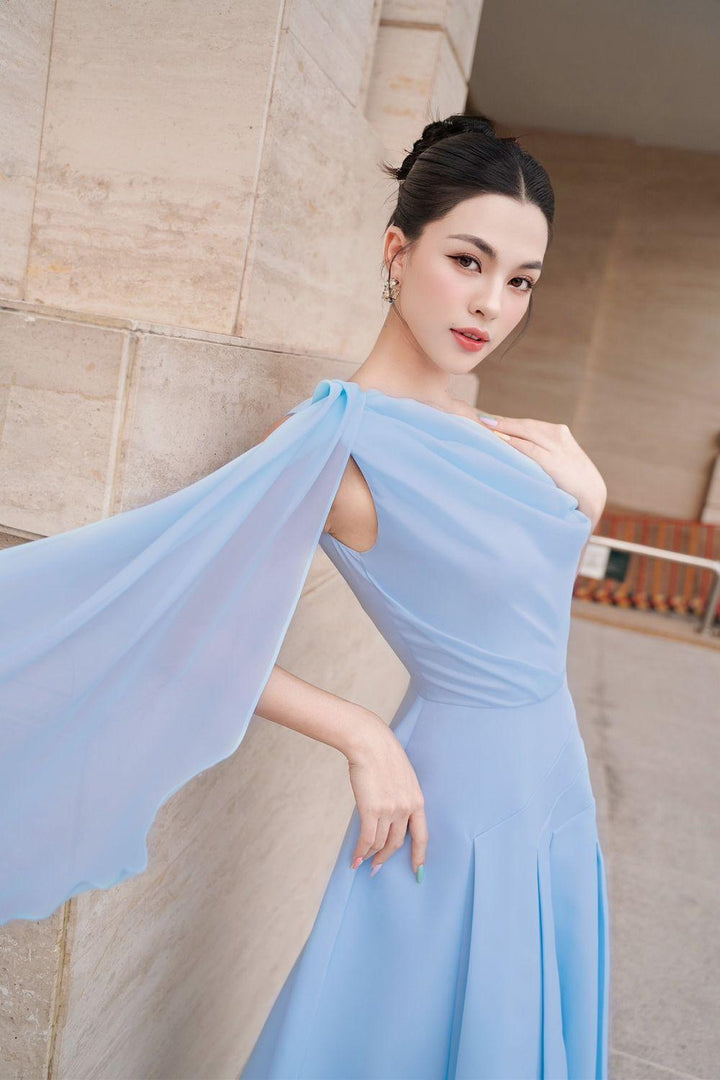 Hazel Pleated Asymmetric Sleeved Organza Voile Midi Dress | MEAN BLVD