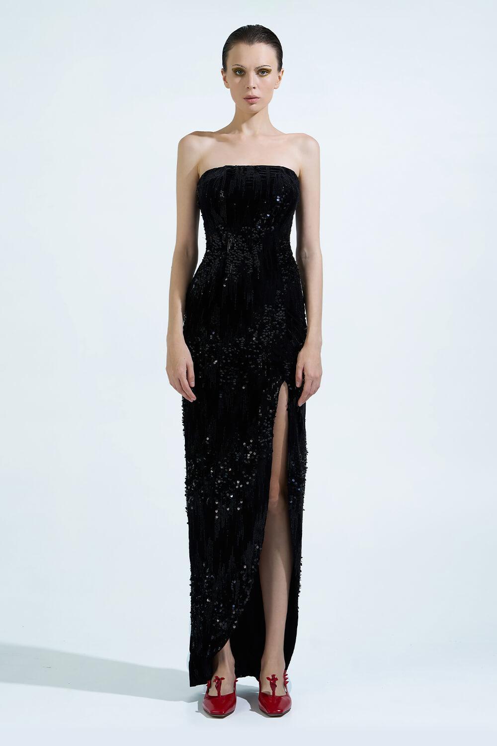 Hedi Strapless Slit Hem Velvet Ankle Length Dress - MEAN BLVD