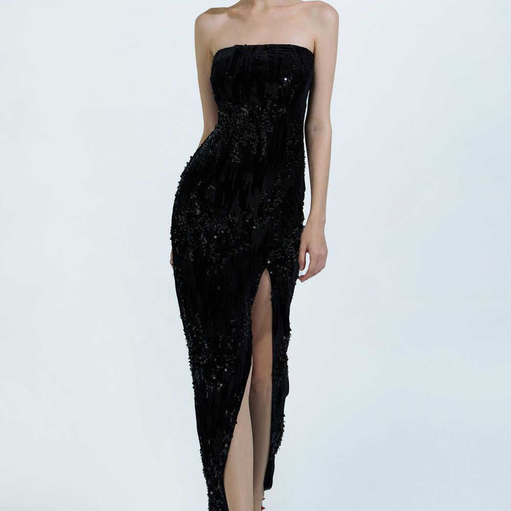 Hedi Strapless Slit Hem Velvet Ankle Length Dress - MEAN BLVD