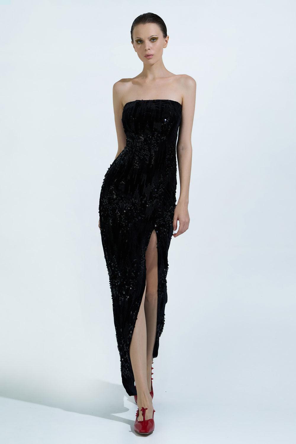 Hedi Strapless Slit Hem Velvet Ankle Length Dress - MEAN BLVD