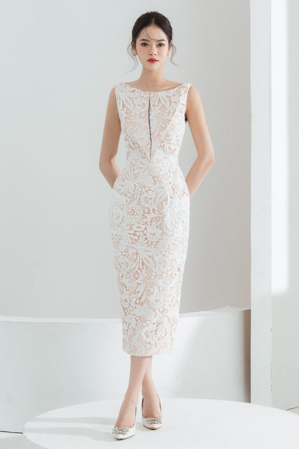 boat neck lace dress DeKlaire Bridal 478 Wedding Gown Champagne / S