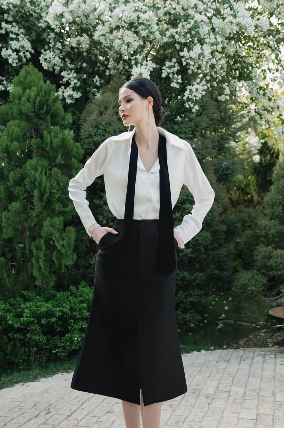 A line black outlet skirt white blouse