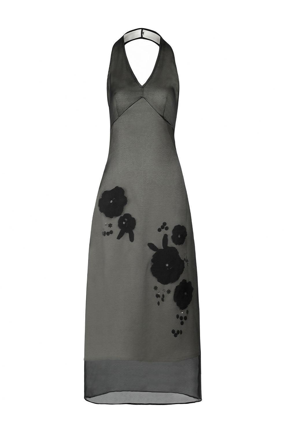 Helena Halter Flower Applique Chiffon Midi Dress - MEAN BLVD
