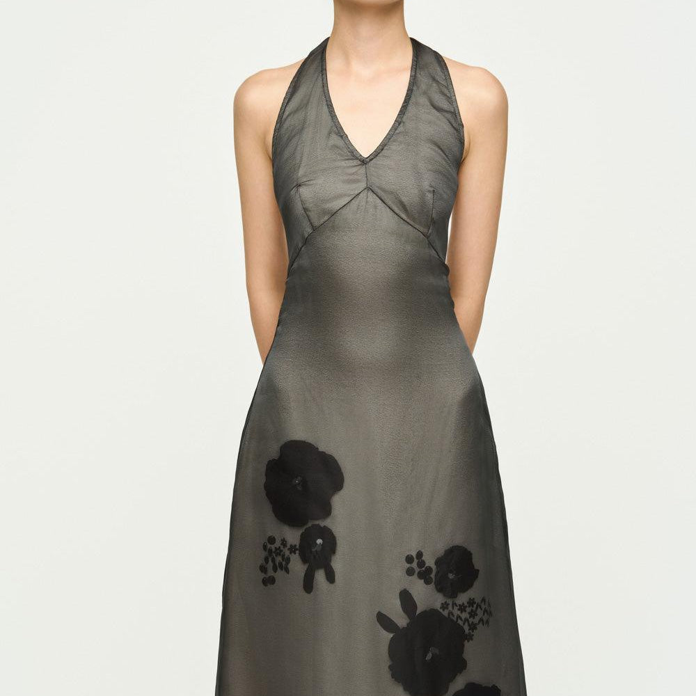 Helena Halter Flower Applique Chiffon Midi Dress - MEAN BLVD