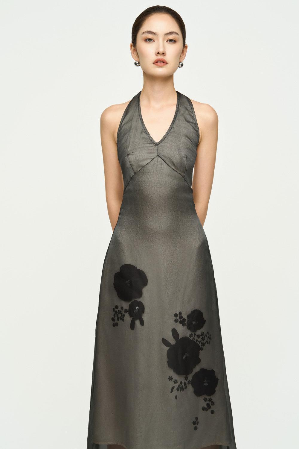 Helena Halter Flower Applique Chiffon Midi Dress - MEAN BLVD