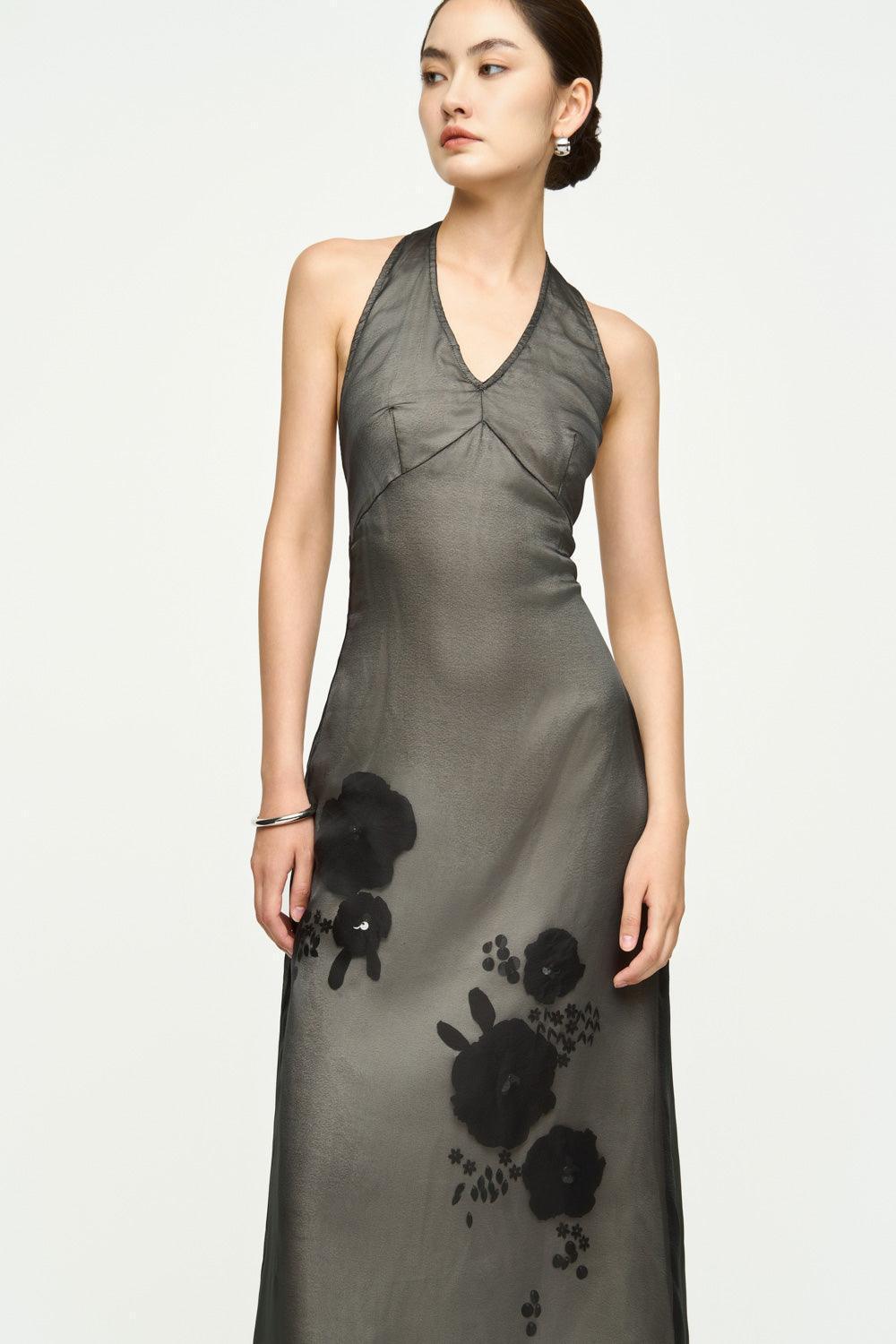 Helena Halter Flower Applique Chiffon Midi Dress - MEAN BLVD