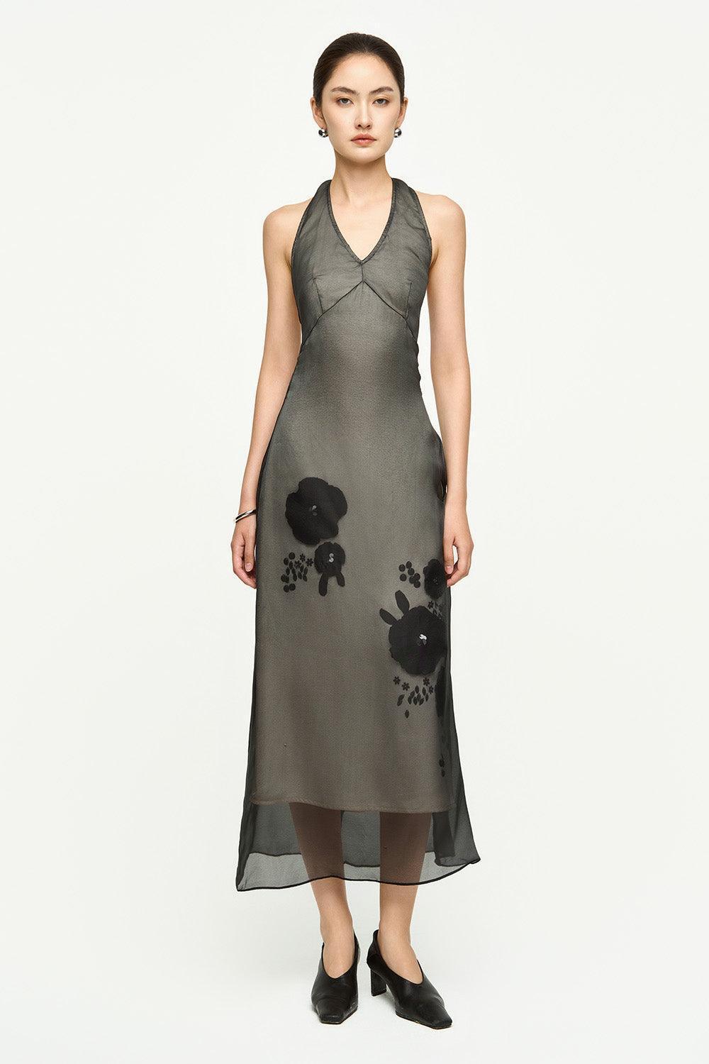 Helena Halter Flower Applique Chiffon Midi Dress - MEAN BLVD