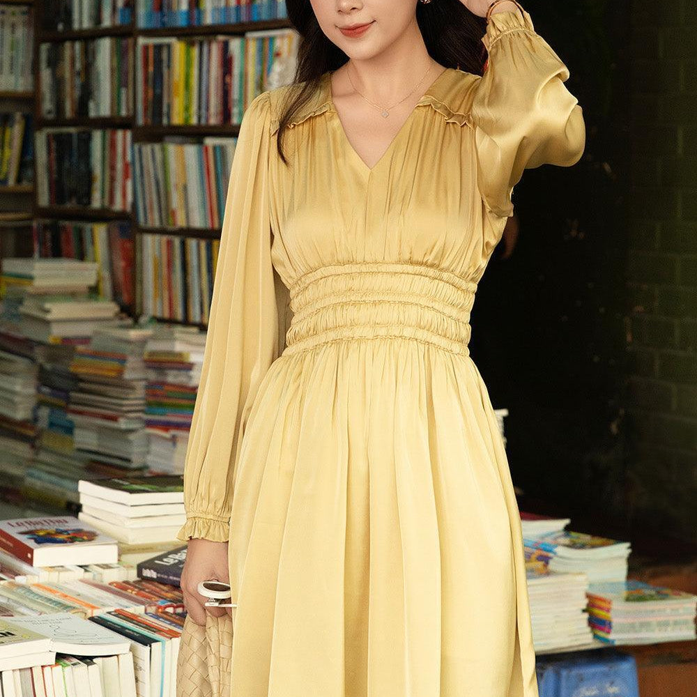 Helga A-line Gathered Silk Satin Above The Knee Dress - MEAN BLVD